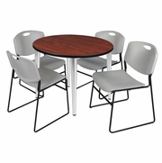 42 IN. ROUND BREAKROOM TABLE- CHERRY TOP, CHROME BASE & 4 STACK CHAIRS- GREY <FONT COLOR=GREEN>-FREE SHIPPING-</FONT>