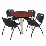 42 IN ROUND BREAKROOM TABLE- CHERRY TOP, CHROME LEGS, 4 M STACK CHAIRS- BLACK <FONT COLOR=GREEN>-FREE SHIPPING-</FONT>