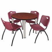 42 IN ROUND BREAKROOM TABLE- CHERRY TOP, CHROME LEGS, 4 M STACK CHAIRS- BURGUNDY <FONT COLOR=GREEN>-FREE SHIPPING-</FONT>