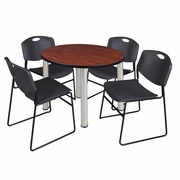 42 IN ROUND BREAKROOM TABLE- CHERRY TOP, CHROME LEGS, 4 STACK CHAIRS- BLACK <FONT COLOR=GREEN>-FREE SHIPPING-</FONT>