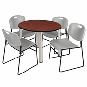 42 IN ROUND BREAKROOM TABLE- CHERRY TOP, CHROME LEGS, 4 STACK CHAIRS- GREY <FONT COLOR=GREEN>-FREE SHIPPING-</FONT>