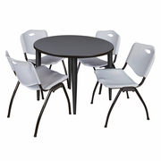 42 IN. ROUND BREAKROOM TABLE- GREY TOP, BLACK BASE & 4 M STACK CHAIRS- GREY <FONT COLOR=GREEN>-FREE SHIPPING-</FONT>