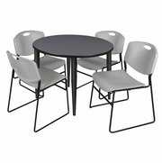 42 IN. ROUND BREAKROOM TABLE- GREY TOP, BLACK BASE & 4 STACK CHAIRS- GREY <FONT COLOR=GREEN>-FREE SHIPPING-</FONT>