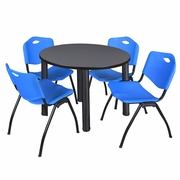 42 IN ROUND BREAKROOM TABLE- GREY TOP, BLACK LEGS, 4 M STACK CHAIRS- BLUE <FONT COLOR=GREEN>-FREE SHIPPING-</FONT>