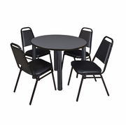 42 IN ROUND BREAKROOM TABLE- GREY TOP, BLACK LEGS, 4 RESTAURANT STACK CHAIRS <FONT COLOR=GREEN>-FREE SHIPPING-</FONT>