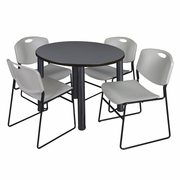 42 IN ROUND BREAKROOM TABLE- GREY TOP, BLACK LEGS, 4 STACK CHAIRS- GREY <FONT COLOR=GREEN>-FREE SHIPPING-</FONT>