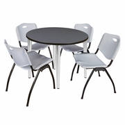 42 IN. ROUND BREAKROOM TABLE- GREY TOP, CHROME BASE & 4 M STACK CHAIRS- GREY <FONT COLOR=GREEN>-FREE SHIPPING-</FONT>