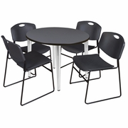 42 IN. ROUND BREAKROOM TABLE- GREY TOP, CHROME BASE & 4 STACK CHAIRS- BLACK <FONT COLOR=GREEN>-FREE SHIPPING-</FONT>