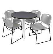 42 IN. ROUND BREAKROOM TABLE- GREY TOP, CHROME BASE & 4 STACK CHAIRS- GREY <FONT COLOR=GREEN>-FREE SHIPPING-</FONT>