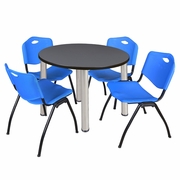 42 IN ROUND BREAKROOM TABLE- GREY TOP, CHROME LEGS, 4 M STACK CHAIRS- BLUE <FONT COLOR=GREEN>-FREE SHIPPING-</FONT>