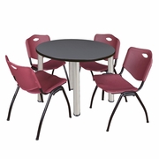 42 IN ROUND BREAKROOM TABLE- GREY TOP, CHROME LEGS, 4 M STACK CHAIRS- BURGUNDY <FONT COLOR=GREEN>-FREE SHIPPING-</FONT>