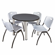 42 IN ROUND BREAKROOM TABLE- GREY TOP, CHROME LEGS, 4 M STACK CHAIRS- GREY <FONT COLOR=GREEN>-FREE SHIPPING-</FONT>