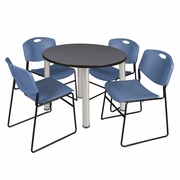 42 IN ROUND BREAKROOM TABLE- GREY TOP, CHROME LEGS, 4 STACK CHAIRS- BLUE <FONT COLOR=GREEN>-FREE SHIPPING-</FONT>