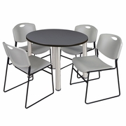 42 IN ROUND BREAKROOM TABLE- GREY TOP, CHROME LEGS, 4 STACK CHAIRS- GREY <FONT COLOR=GREEN>-FREE SHIPPING-</FONT>