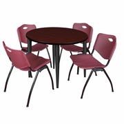 42 IN. ROUND BREAKROOM TABLE- MAHOGANY TOP, BLACK BASE & 4 M STACK CHAIRS- BURGUNDY <FONT COLOR=GREEN>-FREE SHIPPING-</FONT>