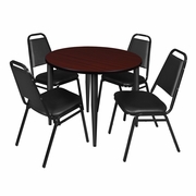 42 IN. ROUND BREAKROOM TABLE- MAHOGANY TOP, BLACK BASE & 4 RESTAURANT STACK CHAIRS- BLACK <FONT COLOR=GREEN>-FREE SHIPPING-</FONT>