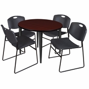 42 IN. ROUND BREAKROOM TABLE- MAHOGANY TOP, BLACK BASE & 4 STACK CHAIRS- BLACK <FONT COLOR=GREEN>-FREE SHIPPING-</FONT>