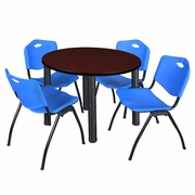 42 IN ROUND BREAKROOM TABLE- MAHOGANY TOP, BLACK LEGS, 4 M STACK CHAIRS- BLUE <FONT COLOR=GREEN>-FREE SHIPPING-</FONT>