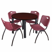 42 IN ROUND BREAKROOM TABLE- MAHOGANY TOP, BLACK LEGS, 4 M STACK CHAIRS- BURGUNDY <FONT COLOR=GREEN>-FREE SHIPPING-</FONT>