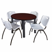 42 IN ROUND BREAKROOM TABLE- MAHOGANY TOP, BLACK LEGS, 4 M STACK CHAIRS- GREY <FONT COLOR=GREEN>-FREE SHIPPING-</FONT>
