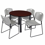 42 IN ROUND BREAKROOM TABLE- MAHOGANY TOP, BLACK LEGS, 4 STACK CHAIRS- GREY <FONT COLOR=GREEN>-FREE SHIPPING-</FONT>