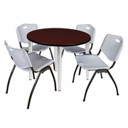 42 IN. ROUND BREAKROOM TABLE- MAHOGANY TOP, CHROME BASE & 4 M STACK CHAIRS- GREY <FONT COLOR=GREEN>-FREE SHIPPING-</FONT>
