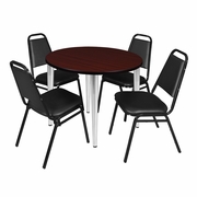 42 IN. ROUND BREAKROOM TABLE- MAHOGANY TOP, CHROME BASE & 4 RESTAURANT STACK CHAIRS- BLACK <FONT COLOR=GREEN>-FREE SHIPPING-</FONT>