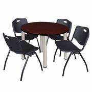 42 IN ROUND BREAKROOM TABLE- MAHOGANY TOP, CHROME LEGS, 4 M STACK CHAIRS- BLACK <FONT COLOR=GREEN>-FREE SHIPPING-</FONT>
