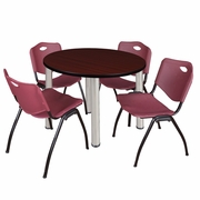 42 IN ROUND BREAKROOM TABLE- MAHOGANY TOP, CHROME LEGS, 4 M STACK CHAIRS- BURGUNDY <FONT COLOR=GREEN>-FREE SHIPPING-</FONT>