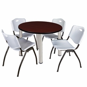 42 IN ROUND BREAKROOM TABLE- MAHOGANY TOP, CHROME LEGS, 4 M STACK CHAIRS- GREY <FONT COLOR=GREEN>-FREE SHIPPING-</FONT>