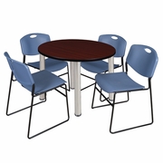 42 IN ROUND BREAKROOM TABLE- MAHOGANY TOP, CHROME LEGS, 4 STACK CHAIRS- BLUE <FONT COLOR=GREEN>-FREE SHIPPING-</FONT>