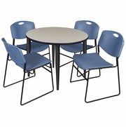 42 IN. ROUND BREAKROOM TABLE- MAPLE TOP, BLACK BASE & 4 STACK CHAIRS- BLUE <FONT COLOR=GREEN>-FREE SHIPPING-</FONT>