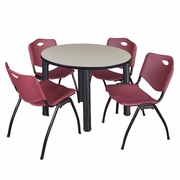 42 IN ROUND BREAKROOM TABLE- MAPLE TOP, BLACK LEGS, 4 M STACK CHAIRS- BURGUNDY <FONT COLOR=GREEN>-FREE SHIPPING-</FONT>