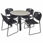 42 IN ROUND BREAKROOM TABLE- MAPLE TOP, BLACK LEGS, 4 STACK CHAIRS- BLACK <FONT COLOR=GREEN>-FREE SHIPPING-</FONT>