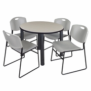 42 IN ROUND BREAKROOM TABLE- MAPLE TOP, BLACK LEGS, 4 STACK CHAIRS- GREY <FONT COLOR=GREEN>-FREE SHIPPING-</FONT>