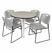 42 IN. ROUND BREAKROOM TABLE- MAPLE TOP, CHROME BASE & 4 STACK CHAIRS- GREY <FONT COLOR=GREEN>-FREE SHIPPING-</FONT>