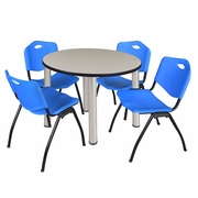 42 IN ROUND BREAKROOM TABLE- MAPLE TOP, CHROME LEGS, 4 M STACK CHAIRS- BLUE <FONT COLOR=GREEN>-FREE SHIPPING-</FONT>