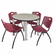 42 IN ROUND BREAKROOM TABLE- MAPLE TOP, CHROME LEGS, 4 M STACK CHAIRS- BURGUNDY <FONT COLOR=GREEN>-FREE SHIPPING-</FONT>