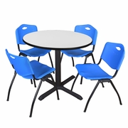 42 IN. ROUND BREAKROOM TABLE- WHITE & 4 M STACK CHAIRS- BLUE <FONT COLOR=GREEN>-FREE SHIPPING-</FONT>