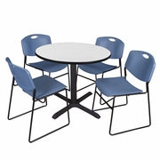 42 IN. ROUND BREAKROOM TABLE- WHITE & 4 STACK CHAIRS- BLUE <FONT COLOR=GREEN>-FREE SHIPPING-</FONT>