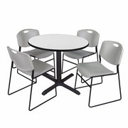 42 IN. ROUND BREAKROOM TABLE- WHITE & 4 STACK CHAIRS- GREY <FONT COLOR=GREEN>-FREE SHIPPING-</FONT>