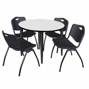 42 IN. ROUND BREAKROOM TABLE- WHITE, BLACK BASE & 4 M STACK CHAIRS- BLACK <FONT COLOR=GREEN>-FREE SHIPPING-</FONT>