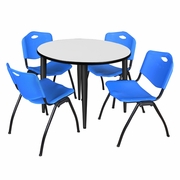 42 IN. ROUND BREAKROOM TABLE- WHITE, BLACK BASE & 4 M STACK CHAIRS- BLUE <FONT COLOR=GREEN>-FREE SHIPPING-</FONT>