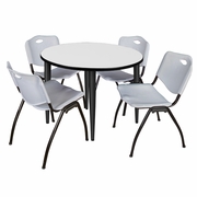 42 IN. ROUND BREAKROOM TABLE- WHITE, BLACK BASE & 4 M STACK CHAIRS- GREY <FONT COLOR=GREEN>-FREE SHIPPING-</FONT>