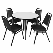 42 IN. ROUND BREAKROOM TABLE- WHITE, BLACK BASE & 4 RESTAURANT STACK CHAIRS- BLACK <FONT COLOR=GREEN>-FREE SHIPPING-</FONT>