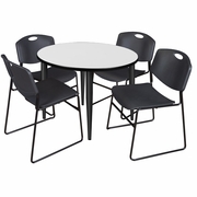 42 IN. ROUND BREAKROOM TABLE- WHITE, BLACK BASE & 4 STACK CHAIRS- BLACK <FONT COLOR=GREEN>-FREE SHIPPING-</FONT>