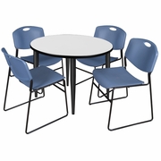 42 IN. ROUND BREAKROOM TABLE- WHITE, BLACK BASE & 4 STACK CHAIRS- BLUE <FONT COLOR=GREEN>-FREE SHIPPING-</FONT>