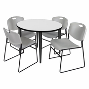 42 IN. ROUND BREAKROOM TABLE- WHITE, BLACK BASE & 4 STACK CHAIRS- GREY <FONT COLOR=GREEN>-FREE SHIPPING-</FONT>