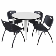42 IN. ROUND BREAKROOM TABLE- WHITE TOP, CHROME BASE & 4 M STACK CHAIRS- BLACK <FONT COLOR=GREEN>-FREE SHIPPING-</FONT>