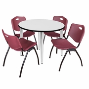 42 IN. ROUND BREAKROOM TABLE- WHITE TOP, CHROME BASE & 4 M STACK CHAIRS- BURGUNDY <FONT COLOR=GREEN>-FREE SHIPPING-</FONT>